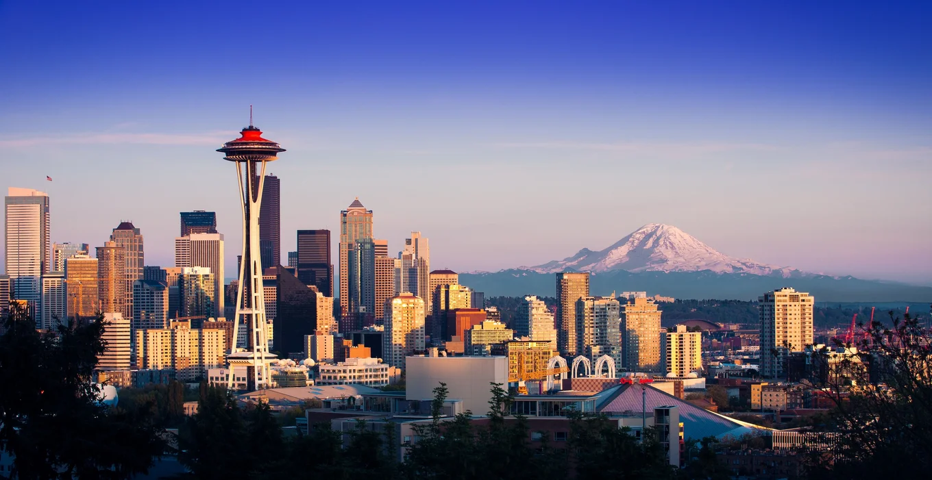 City skyline with tower, buildings, mountain backdrop.