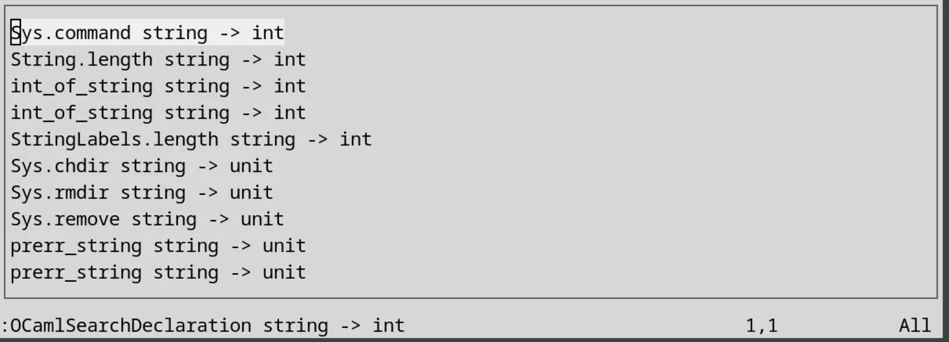 The floating window with the first line ‘sys.command string -> int’ highlighted