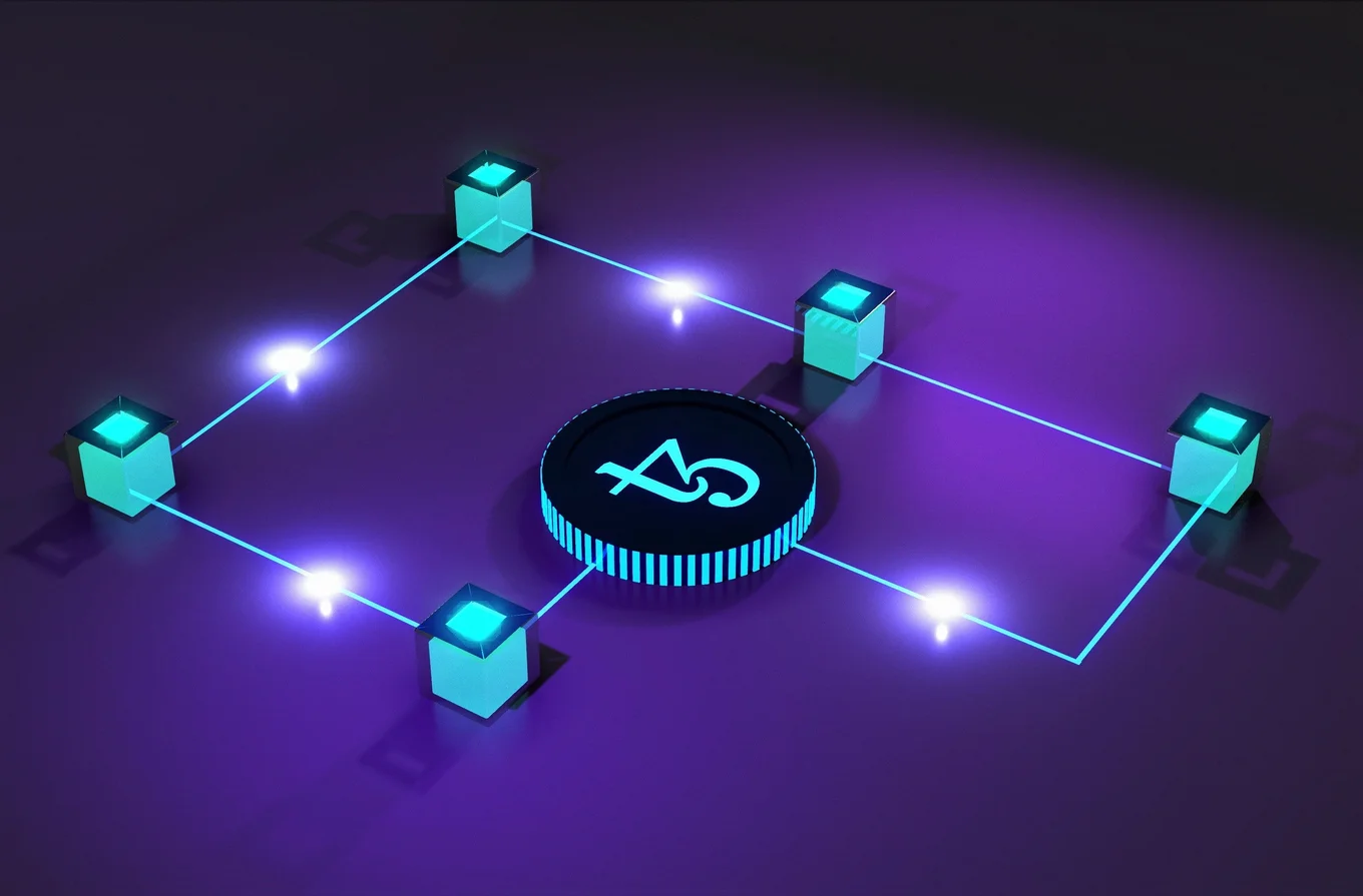 A glowing network of cubes on a purple background